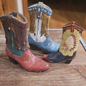 3 Minature Ceramic Colorful Western Cowboy Boots Decor